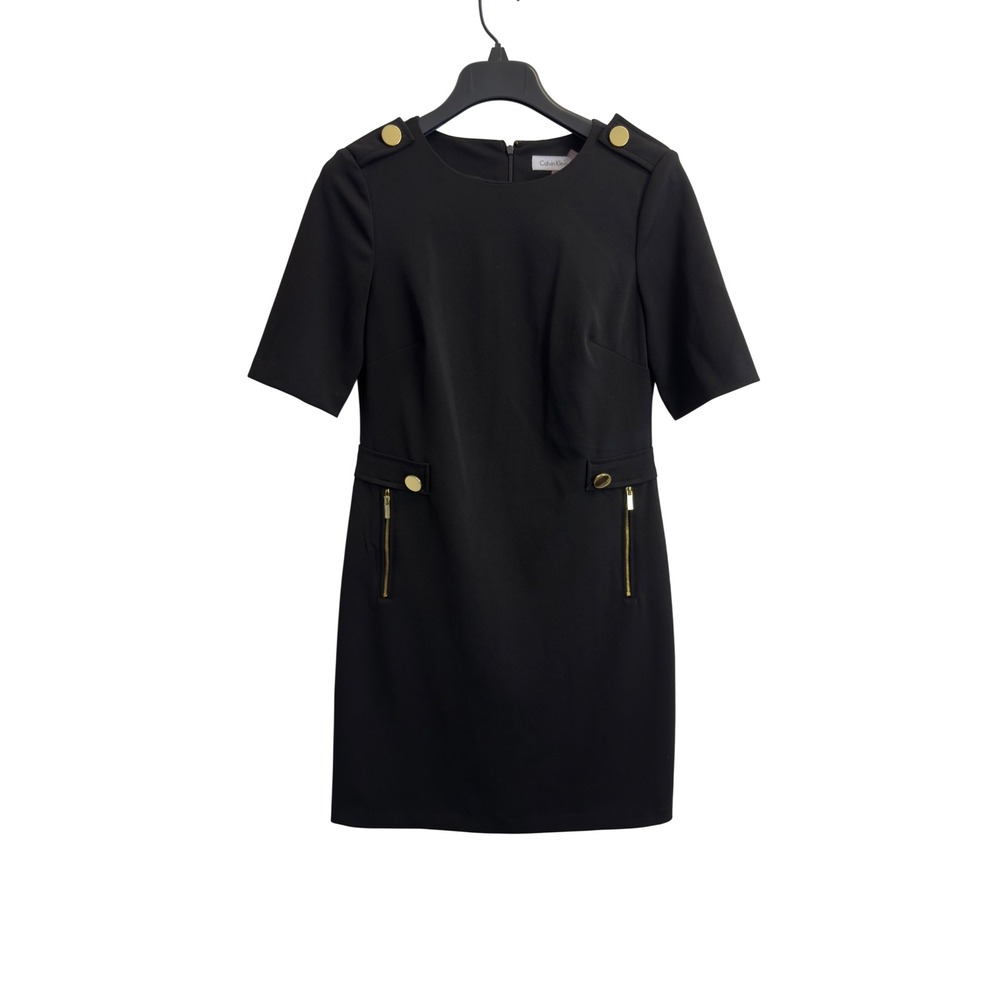 Calvin Klein Womens Black Sheath Dress Gold Button Zipper Detail Size 4 Stretch